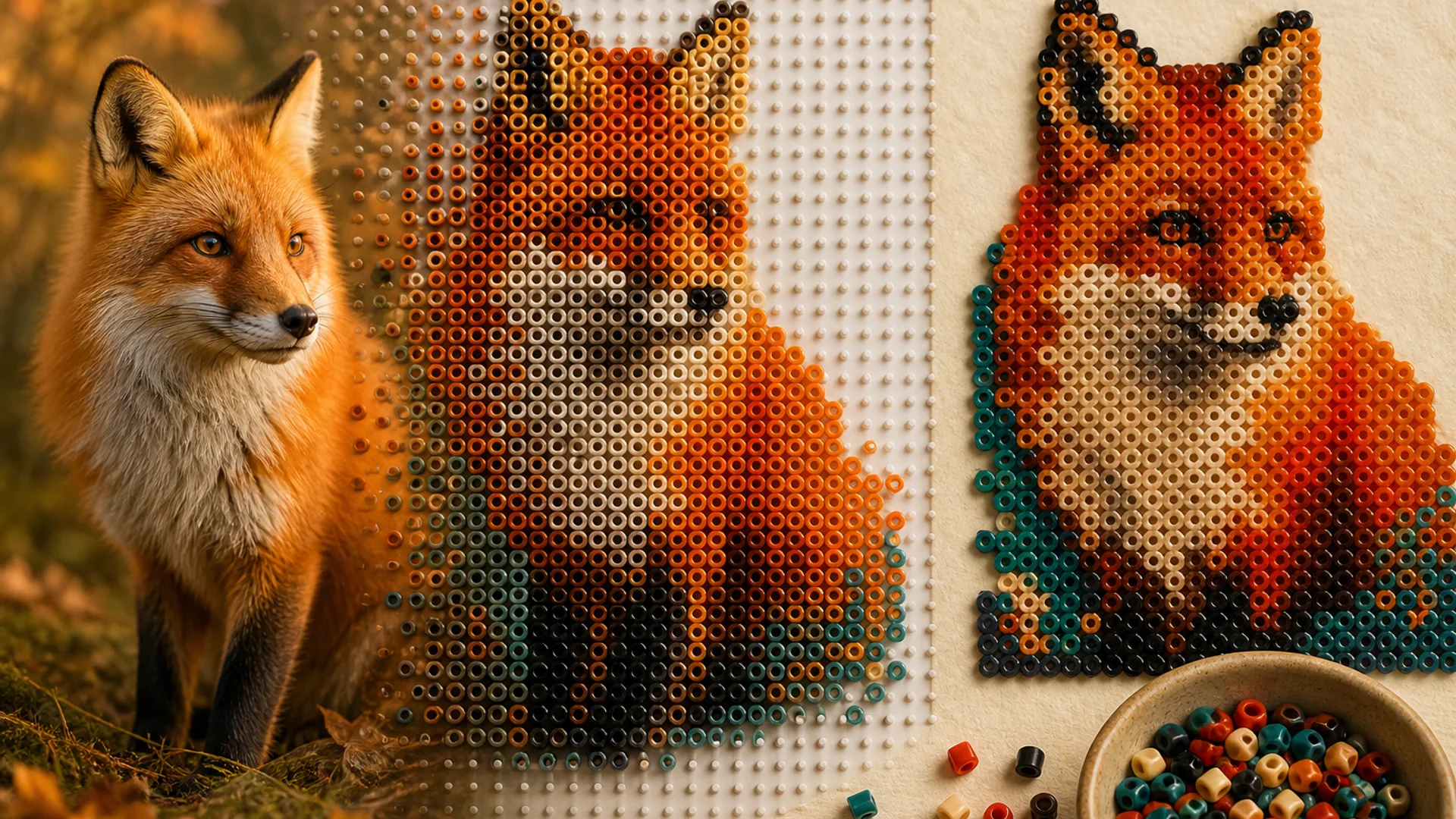 A fox photograph becoming a colorful fuse bead pattern